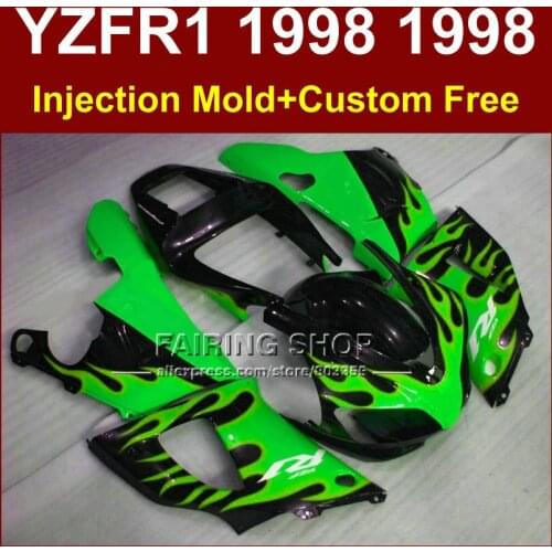 Green flame in black fairings kit for YAMAHA YZF R1 YZF1000 98 99 R1+7Gifts Injection ABS motorcycle fairings 1998 1999 YZF R1