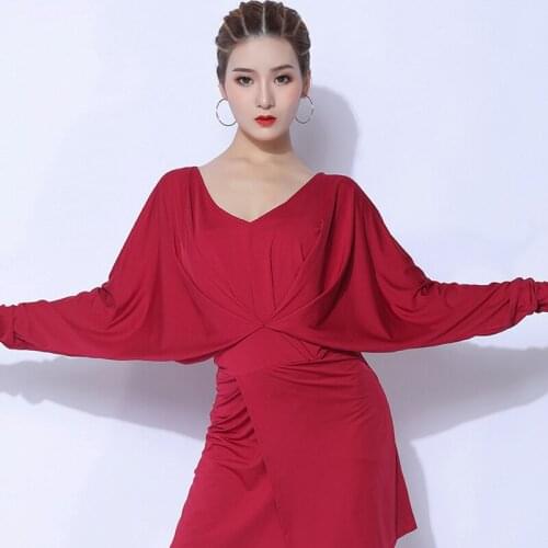 Latin Dance Dress Women Loose Bat-Sleeved Practice Dress Wear Samba Rumba Cha Cha Dance Clothes Long Sleeve Black Dress VDB2831