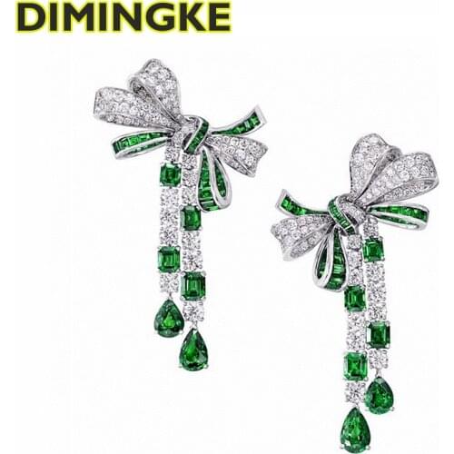 DIMINGKE 100%-S925 Sterling Silver Bowknot Tassel Earrings Emerald Indirect Diamond Super Flash Drop Earrings Jewelry
