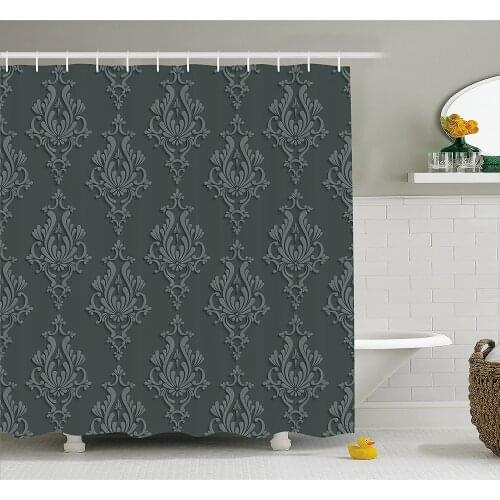 Dark Grey Shower Curtain Antique Damask in 3D Style Classic Old Fashioned Floral Waterproof Polyester Bath Curtain With Hooks