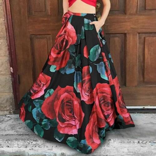 Skirts Womens 2021 Fashion High Waisted Skirt Women Bohemian Floral Print Skirt Party Beach Pocket Long Maxi Skirt Jupe Femme