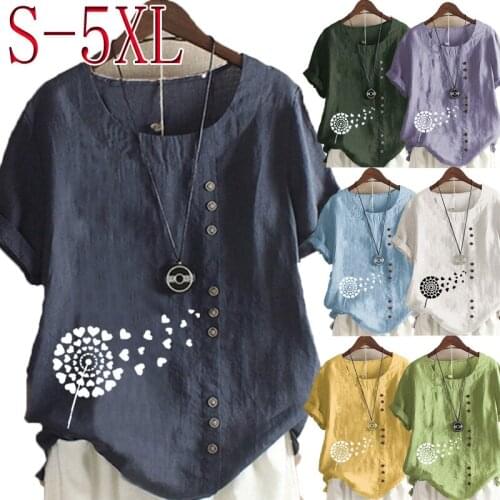 Plus Size Womens Fashion Solid Color T-shirt Plant Printed Short Sleeve Casual Round Neck Blouse Pullover Tops Summer Fashion