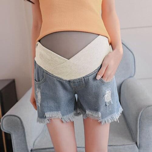 Woman Denim Shorts Maternity Clothes Solid Short Pants Prop Belly Woman Hole Elastic Waist Short Jeans Premama Leggings Panties