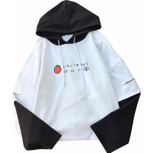 Sweet Women Hoodies Japanese Style Lolita False Two Pcs Strawberry Kawaii Design Sweatshirt Autumn Girl Clothes Cute Pullovers