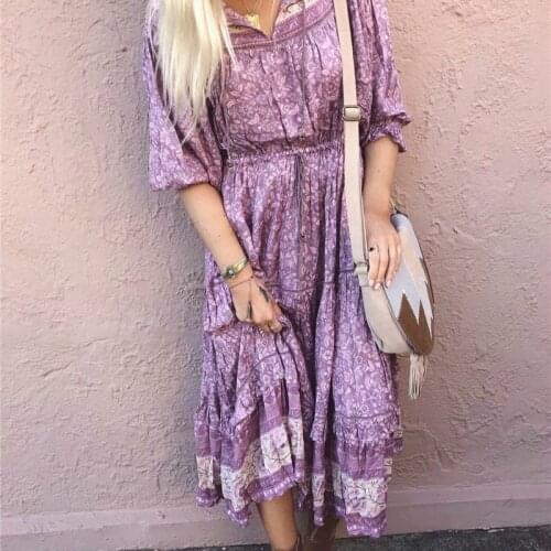 Happie Queens women long sleeve lace patchwork floral print beach Bohemian midi dress Ladies tassel loose rayon boho dress