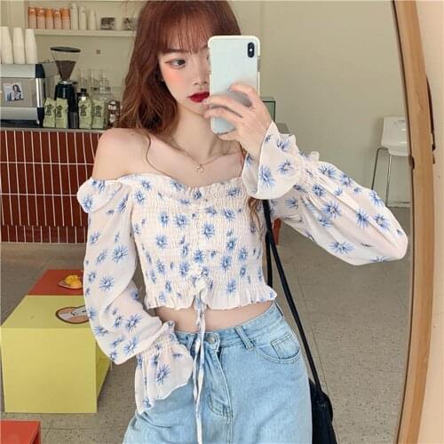 Girl Women Floral Print Ruffled Long Sleeve Drawstring Crop Top Blouse Shirt