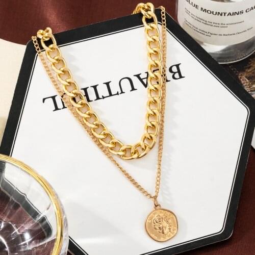 Vintage Gold Geometry Statement Coin Necklaces For Women Multi-Layer Pendant Portrait Necklace 2021 Trend Female Fashion Jewelry