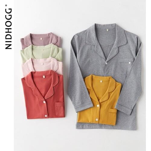 2020 Couple Pyjamas Cotton Long-sleeved Knitted Pajamas Autumn Solid Turn-down Collar Sleepwear Lounge Wear 2 Piece Nightwear