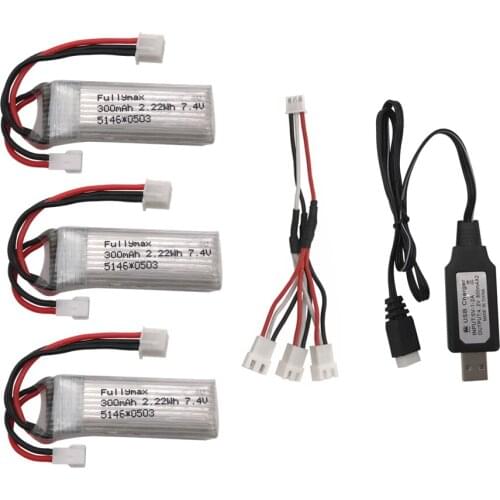 3pcs 7.4V 300mAh LiPo Battery and 3 in 1 charging cable For RC WLtoys F959 RC Quadcopter Drone Helicopter Toy Parts