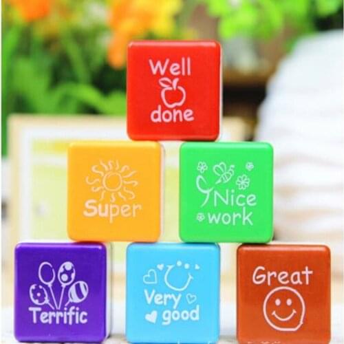 6pcs/set Teachers Stamper Motivation School Praise Reward Stamps Sticker DIY English Words Ink Pad StationeryChristmas Gift