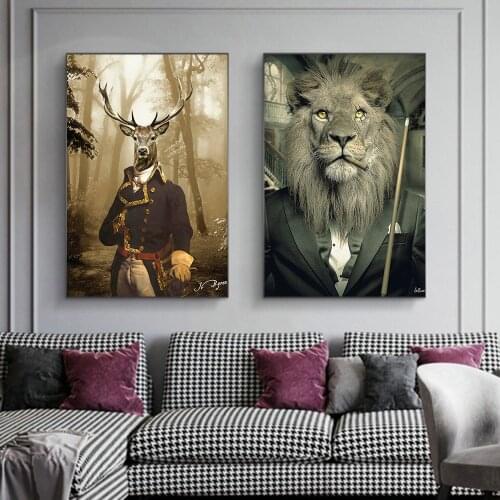 Abstract Pictures Aesthetics Animal Retro Style Lion Gentleman Sika Deer Art Poster Canvas Painting Home Living Room Decoration