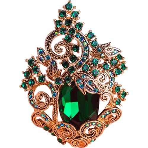 Funmor Retro Green Large Peacoke Crystal Brooches Vintage Jewelry Wedding Brooch Bouquet Corsages Antique Gold Flower Hijab Pin