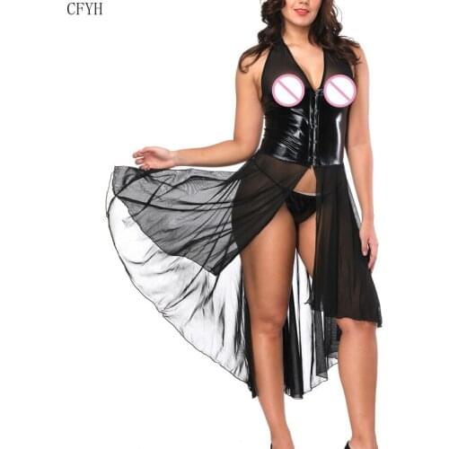 Black Sexy Exotic Dress Female Halter Sleeveless Mesh Patchwork Leather Long Dress PU Punk Gothic Catsuit DJ Pole Dance Clubwear