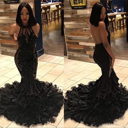 Black Halter Lace Mermaid Long Prom Dresses 2019 Illusion Tulle Applique Beaded Feather Layers Sweep Train Formal Party Gowns