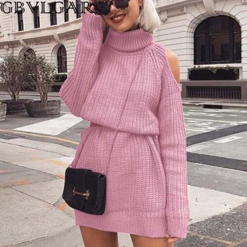 GBVLGAR Women Solid Slim Plus Size Long Pullovers Knitting Jumper Autumn Winter Turtleneck Off Shoulder Knitted Sweater Dress