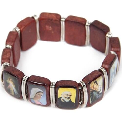 Jesus Wooden Saints Rosary Religious Bracelet Angel Bangle Catholic Icon Blessing Jewelry Pulseras Masculina