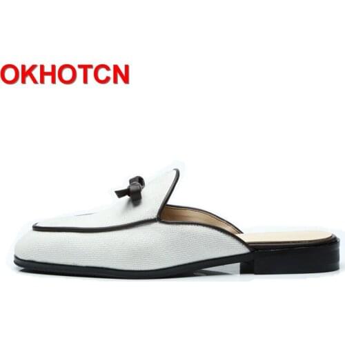 Fashion Men Slippers Shoes Outdoor Spring Autumn Home Slippers Men Shoes White Cloth Leather Slippers Men Bowknot Sewing Slides