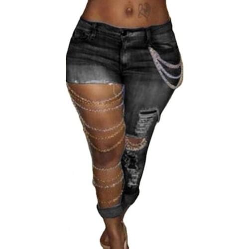 Fashion Women Jeans Mid Rise Exaggerated Ripped Holes Skinny Pencil Pants Trousers for Daily Wear