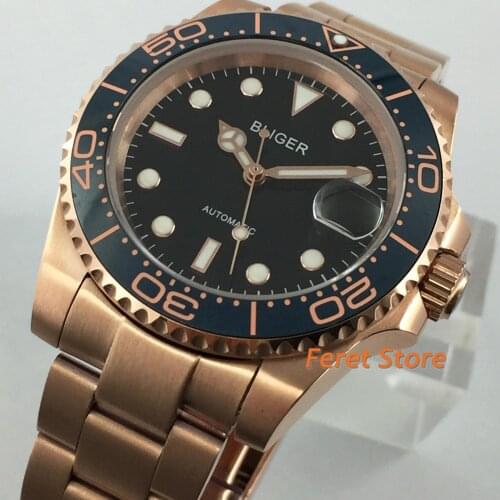 Bliger 40mm Mens Luxury Rose Gold Mechanical Watch Sapphire Glass Date blue Ceramic bezel NH35 Movement Automatic Watch