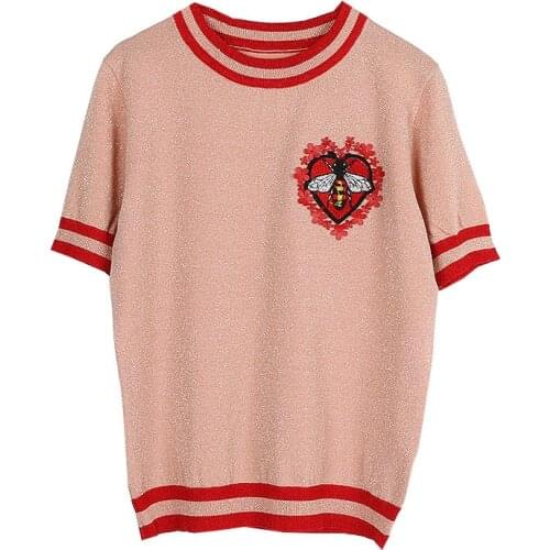 2019 New Novelty knitting Embroidered Bees Striped women T-shirt T-Shirts Cotton Hip Hop Skateboard Street Tee Shirts Top #L9