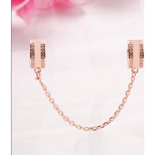 Original 925 Sterling Silver Bead Charm Rose Insignia With Crystal Safety Chain Clip Beads Fit Pan Bracelet Diy Jewelry