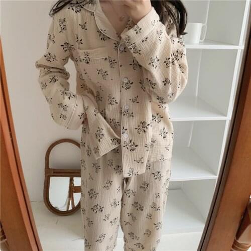 Vintage apricot rose flowers pajamas set spring autumn soft cotton home clothes long sleeve top pants sleepwear home set Y146