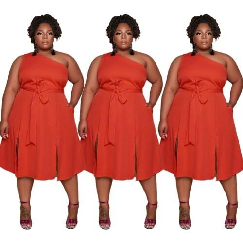 Zoctuo Plus Size Midi Dresses For Women Fashion One Shoulder Slit Lace Up Club Party Dresses Solid Sleeveless Summer Sexy Dress