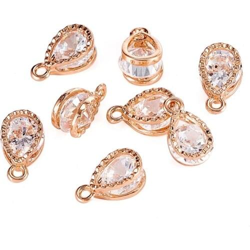 Drop Alloy Charms, with Cubic Zirconia, KC Gold, 13x8x6mm, Hole: 1mm