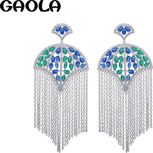 GAOLA 2017 New Arrival Silver Plated Long Tassel Link Chain Colorful Zirconia Stud Earring Luxury Jewelry GLE6088
