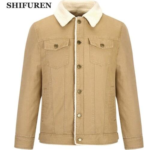 SHIFUREN Winter Mens Cargo Jackets Warm Fleece Lined Coats Single Breasted Thick Thermal Long Sleeve Outerwear Plus Size M-4XL