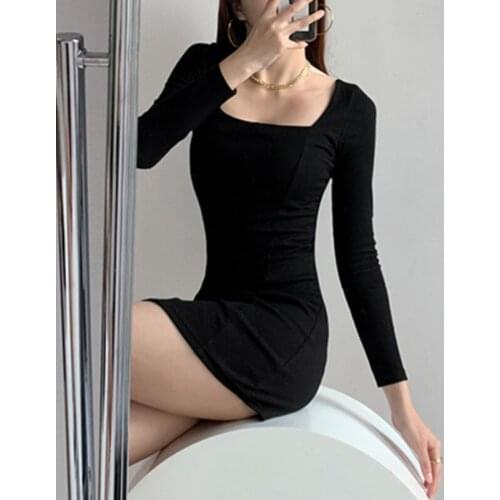 TVVOVVIN Autumn Long Sleeve Square Collar Mini Dress Women Korean Sexy Skinny Screw Thread Package Hip Split Dresses Dz5x