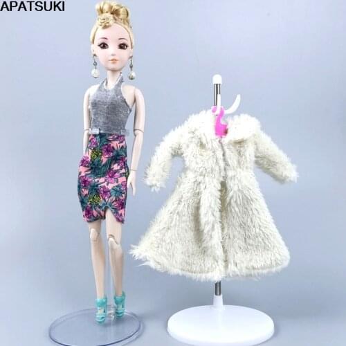 Lady Clothes Set for Barbie Doll Outfits Floral Slim Dress & Beige Fur Vest Coat For 1/6 Doll Accessories Toys For Children