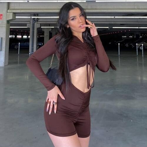 Thorn Tree Y2K Women Sexy Short Rompers Waist Hollow Out Lace Up Overalls Brown Solid Color V-neck Long Sleeve Playsuits 2021