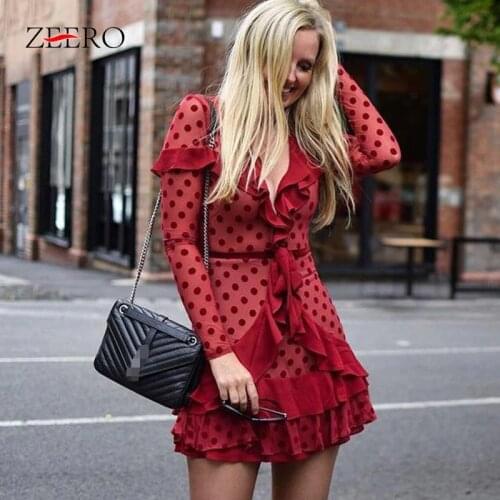 New Spring Sexy Perspective Polka Dot Long Sleeve V Neck Runway Mini Dress Elegant Women Beach Ruffles Party Dresses Vestidos