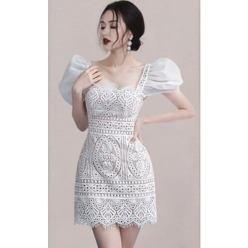 Runway Show Women Dress Summer Elegant Lace Dress Women Short Puff Sleeve Square Collar Bodycon Dress Women Sexy Party Dresses