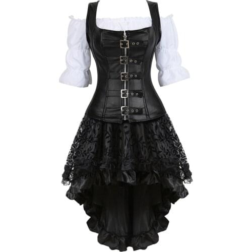 Steampunk Corset Dress for Women Three-piece Leather Corset with Skirt and Renaissance Shirt Gothic Pirate Costume Plus Size