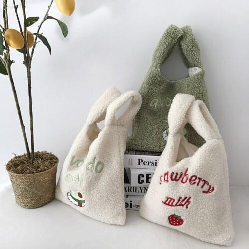 Winter Women Small Plush Tote Simple Warm Cloth Wrist Bags Embroidery Soft Handbag High Quality Eco Makeup Bag Purses For Girls