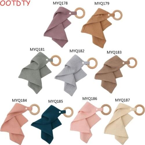 1pc Baby Bibs Saliva Towel with Wooden Teether Newborn Solid Color Snap Button Soft Absorbent Towel Burp Cloths Gym Play Toys