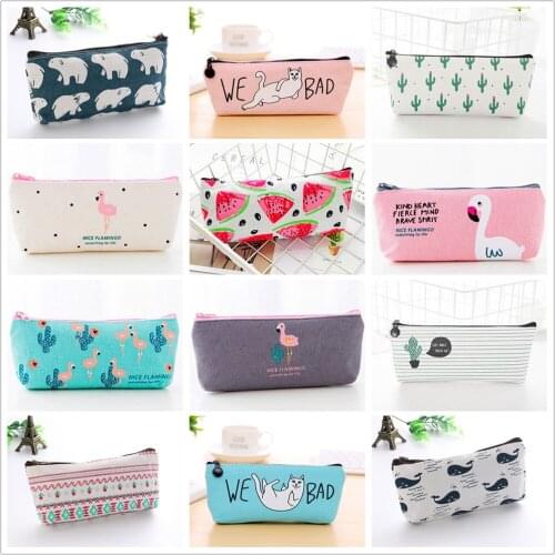 1pcs Flamingos Cactus Pencil Case Canvas School Supplies Kawaii Stationery Estuches Chancery School Cute Pencil Box Pen Bags
