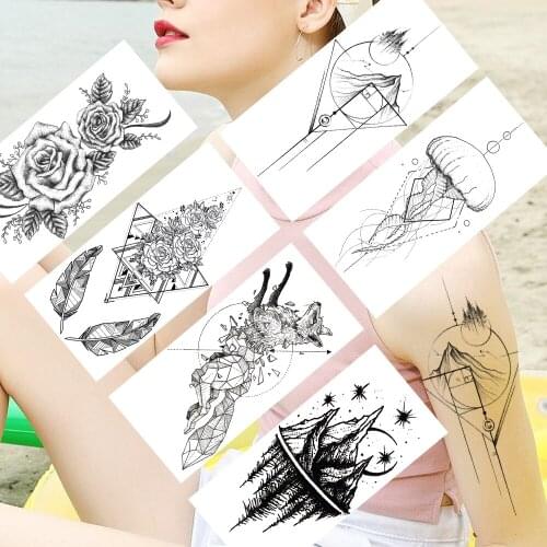 Black Geometric Mountain Temporary Tattoos Sticker Fake Flower Wolf Jellyfish Tatoos For Women Men Body Art Painting Arm Tattoos