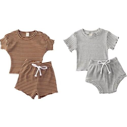 Baby Shirt Pants Suit Summer Loose Clothes Short Sleeve Stripes Unisex Round Collar Sports Cotton
