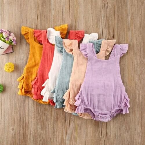 2020 Baby Summer Clothing Rompers Ruffles Sunsuit Newborn Infant Baby Girl Cotton Sleeveless Backless Solid Jumpsuit Outfit