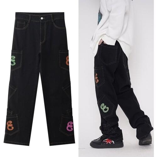 Multi-Pocket Letter Embroidery Straight Denim Pants 2021 Autumn Winter Streetwear Women Oversize Trousers Baggy Jeans For Men