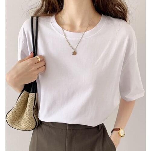 New Style Pure Cotton Short-sleeved T-shirt Female Summer Size Black And White Loose Solid Color Half-sleeved Round Neck T-shirt