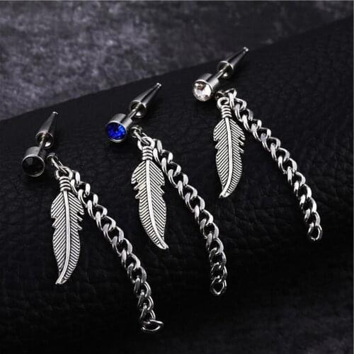 Hot Punk Vintage Chain Leaf Hoop Earrings For Women Men Jewelry Accessories Zircon Stainless Steel Feather Earring Brincos