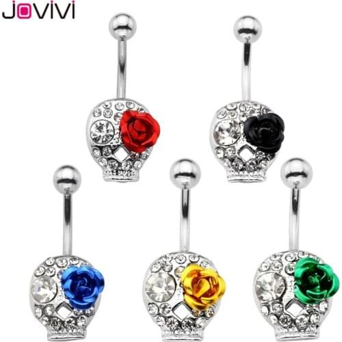 Jovivi Chic Belly Piercing Jewelry 14G Stainless Steel Skull With Rose Crystal Ball Barbell Navel Belly Button Ring Sexy 1 pc