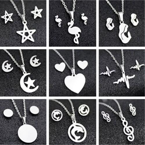Fashion Women Stainless Steel Jewelry Set Silver Pendant Chain Necklace Earrings
