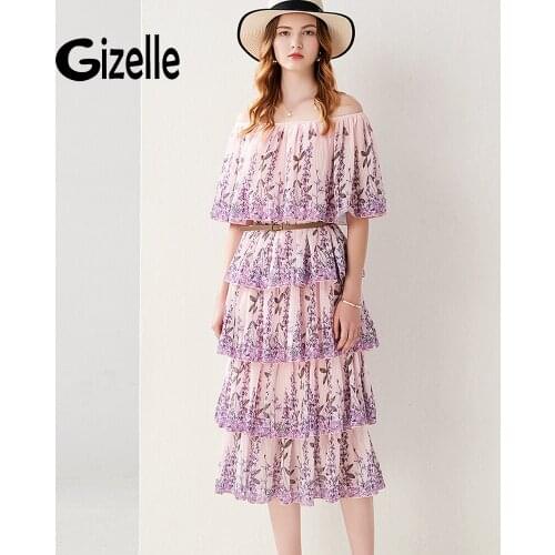 Gizelle Summer Fashion Bohemian Slash Neckline Cold the Shoulder Midi Long Dress Party Dress Ruffles Layered Cottagecore Robes