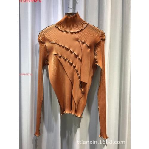 MIYAKE Pleats Casual Half-high Collar Bottoming Shirt T-shirt Female Korean Version Thinner Temperament and Versatile Top