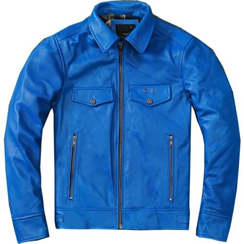 Mens genuine cowhide fashion jacket motorcycle clothing Japan and South Korea new blue leather jacket